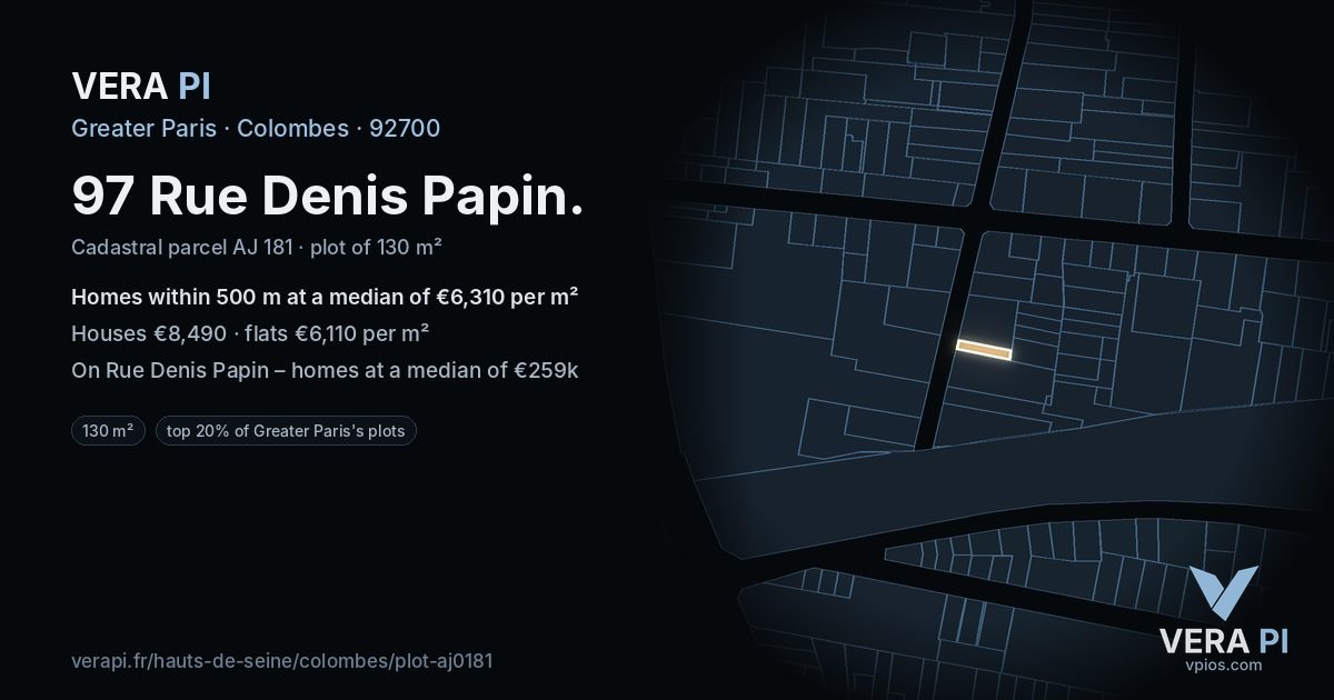 97 Rue Denis Papin, Colombes at night – the plot lit, the parcels around coloured by the prices near them