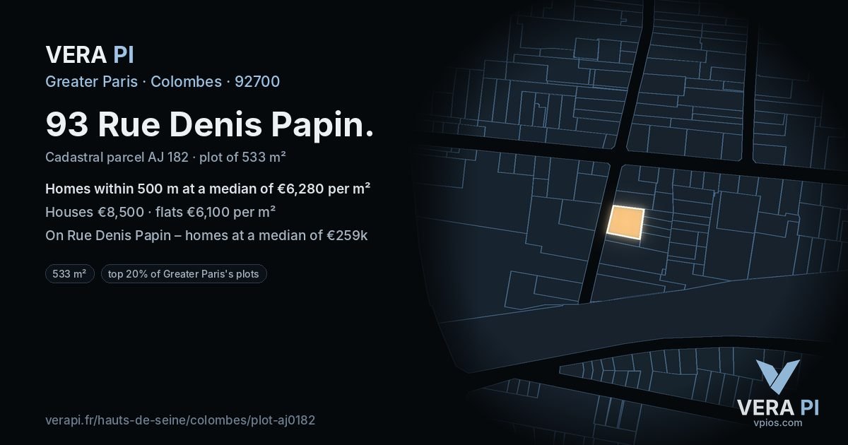 93 Rue Denis Papin, Colombes at night – the plot lit, the parcels around coloured by the prices near them