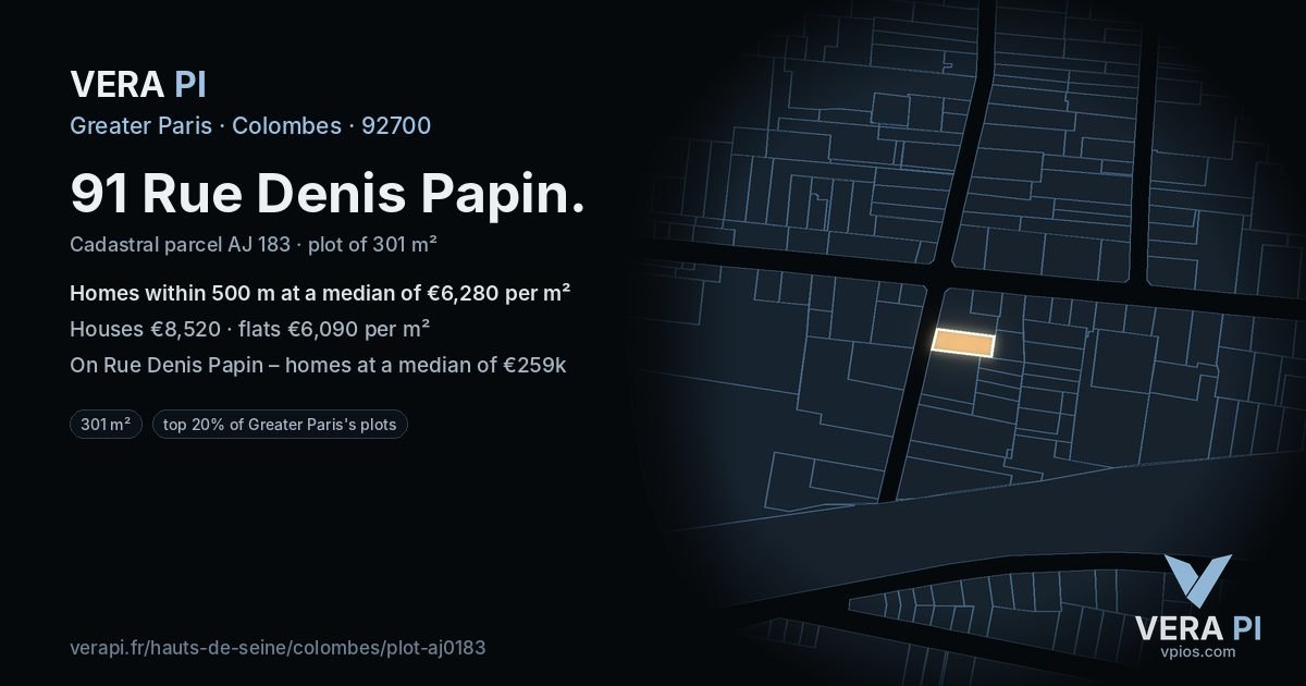 91 Rue Denis Papin, Colombes at night – the plot lit, the parcels around coloured by the prices near them