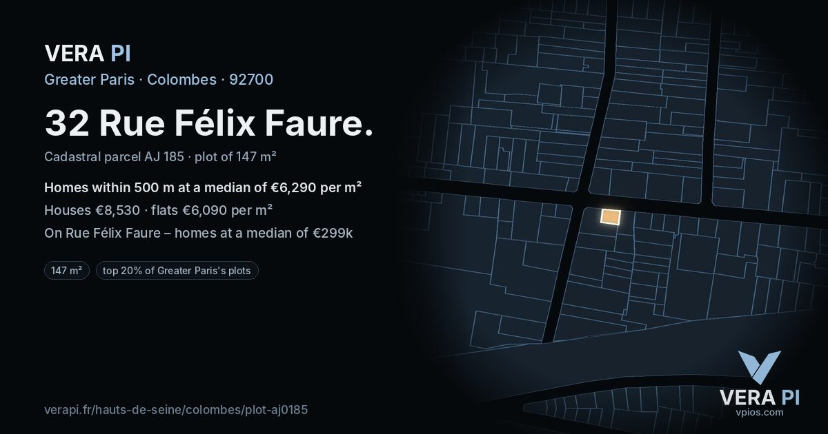 32 Rue Félix Faure, Colombes at night – the plot lit, the parcels around coloured by the prices near them