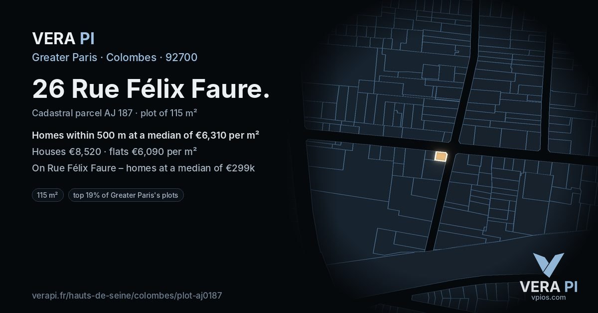 26 Rue Félix Faure, Colombes at night – the plot lit, the parcels around coloured by the prices near them