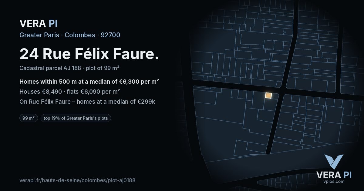 24 Rue Félix Faure, Colombes at night – the plot lit, the parcels around coloured by the prices near them