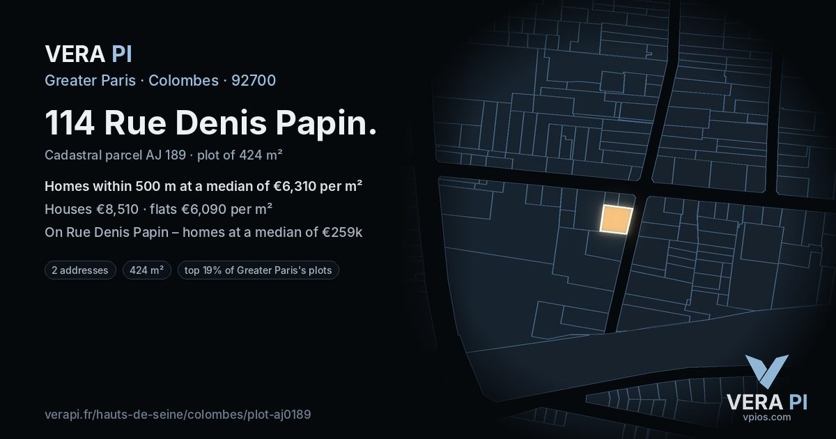 114 Rue Denis Papin, Colombes at night – the plot lit, the parcels around coloured by the prices near them