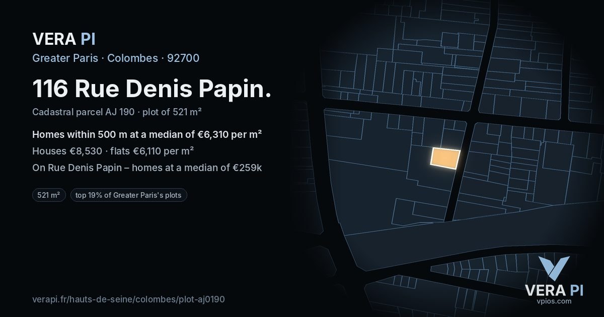 116 Rue Denis Papin, Colombes at night – the plot lit, the parcels around coloured by the prices near them
