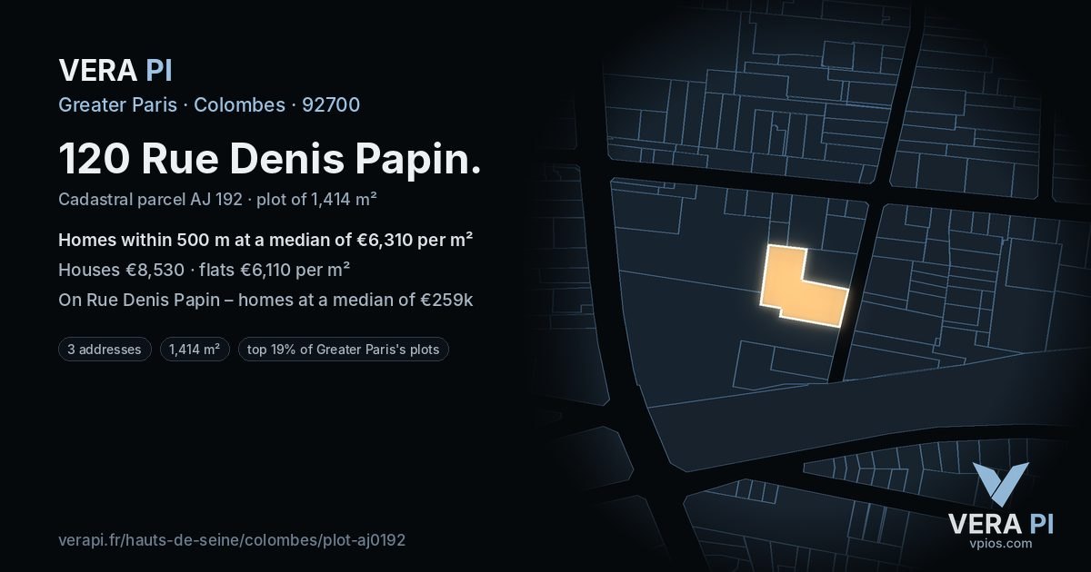 120 Rue Denis Papin, Colombes at night – the plot lit, the parcels around coloured by the prices near them