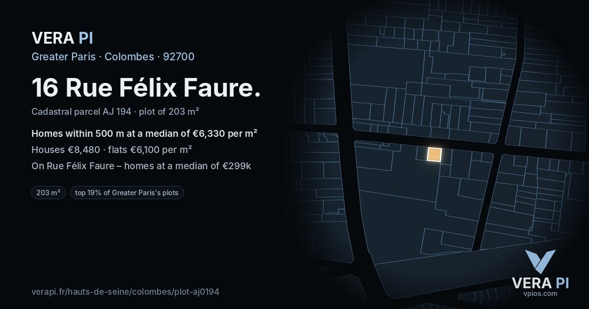 16 Rue Félix Faure, Colombes at night – the plot lit, the parcels around coloured by the prices near them
