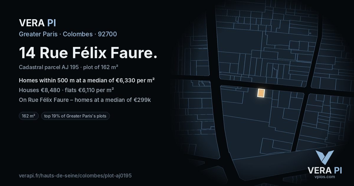 14 Rue Félix Faure, Colombes at night – the plot lit, the parcels around coloured by the prices near them