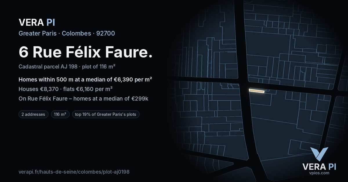 6 Rue Félix Faure, Colombes at night – the plot lit, the parcels around coloured by the prices near them
