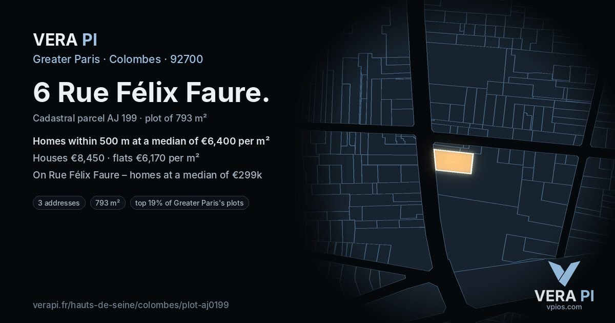 6 Rue Félix Faure, Colombes at night – the plot lit, the parcels around coloured by the prices near them