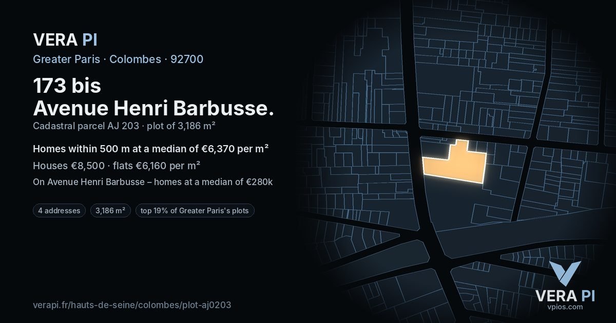 173 bis Avenue Henri Barbusse, Colombes at night – the plot lit, the parcels around coloured by the prices near them