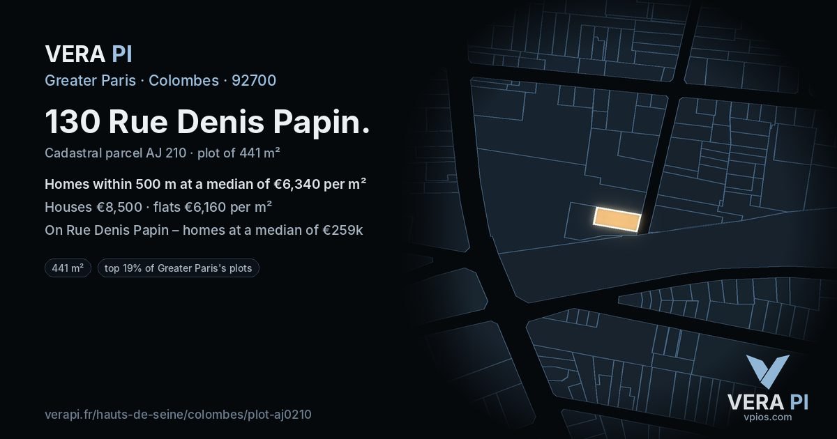 130 Rue Denis Papin, Colombes at night – the plot lit, the parcels around coloured by the prices near them