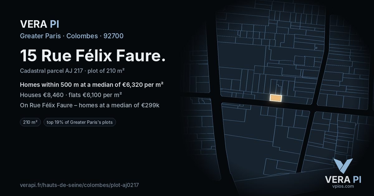 15 Rue Félix Faure, Colombes at night – the plot lit, the parcels around coloured by the prices near them