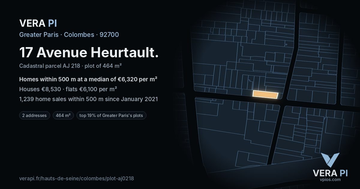 17 Avenue Heurtault, Colombes at night – the plot lit, the parcels around coloured by the prices near them