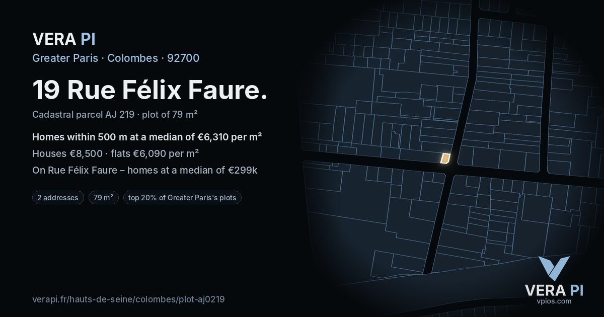 19 Rue Félix Faure, Colombes at night – the plot lit, the parcels around coloured by the prices near them