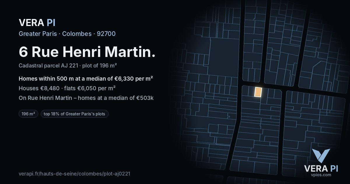 6 Rue Henri Martin, Colombes at night – the plot lit, the parcels around coloured by the prices near them