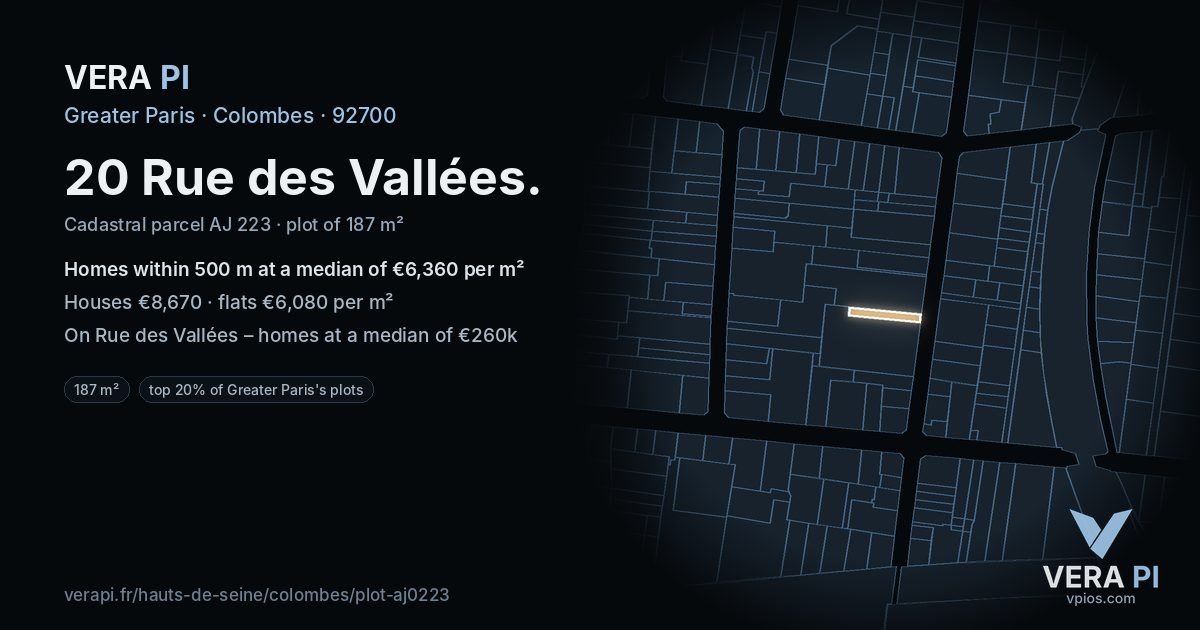 20 Rue des Vallées, Colombes at night – the plot lit, the parcels around coloured by the prices near them
