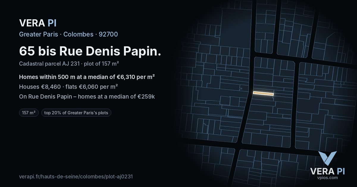 65 bis Rue Denis Papin, Colombes at night – the plot lit, the parcels around coloured by the prices near them