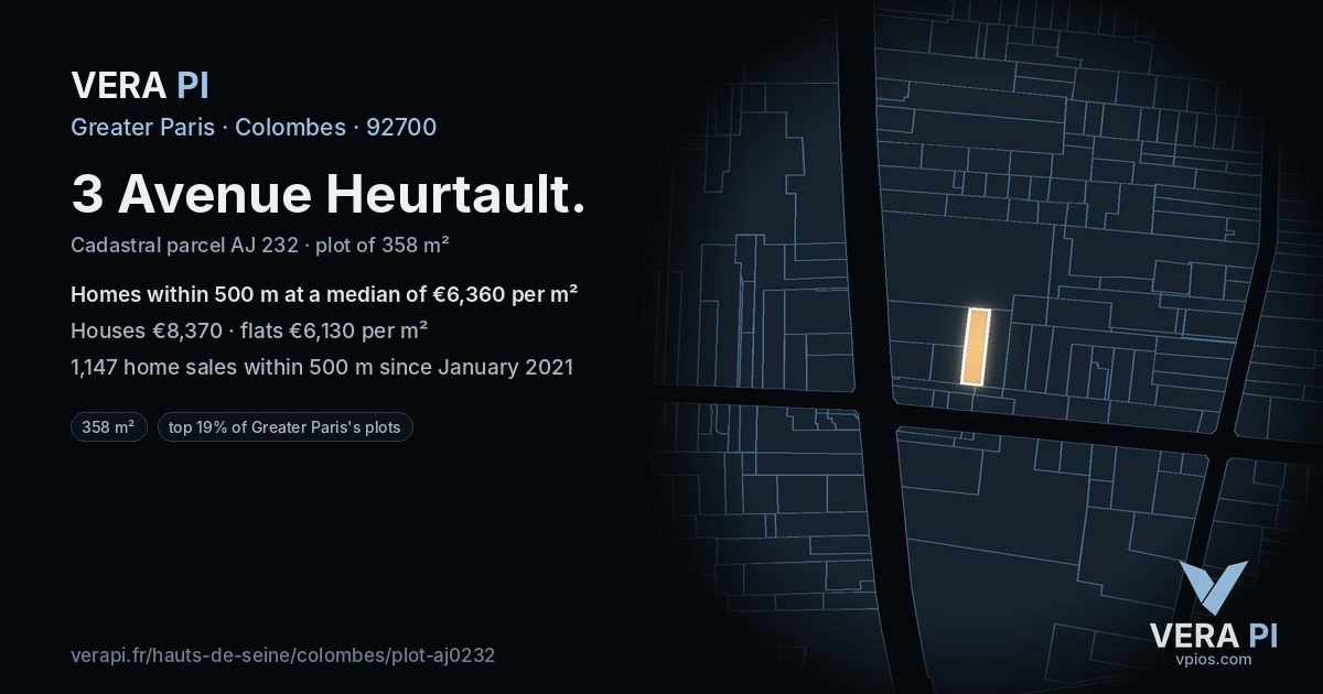 3 Avenue Heurtault, Colombes at night – the plot lit, the parcels around coloured by the prices near them