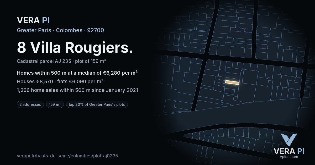 8 Villa Rougiers, Colombes at night – the plot lit, the parcels around coloured by the prices near them