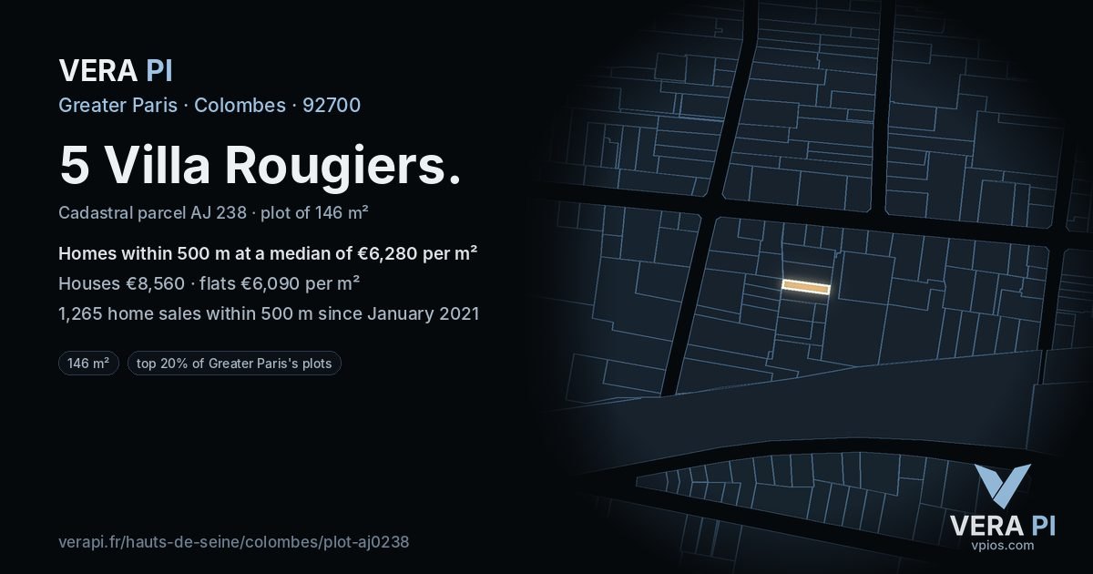 5 Villa Rougiers, Colombes at night – the plot lit, the parcels around coloured by the prices near them