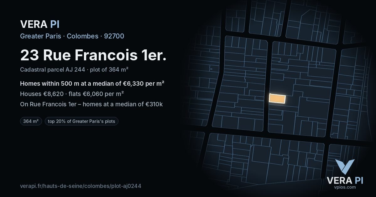 23 Rue Francois 1er, Colombes at night – the plot lit, the parcels around coloured by the prices near them