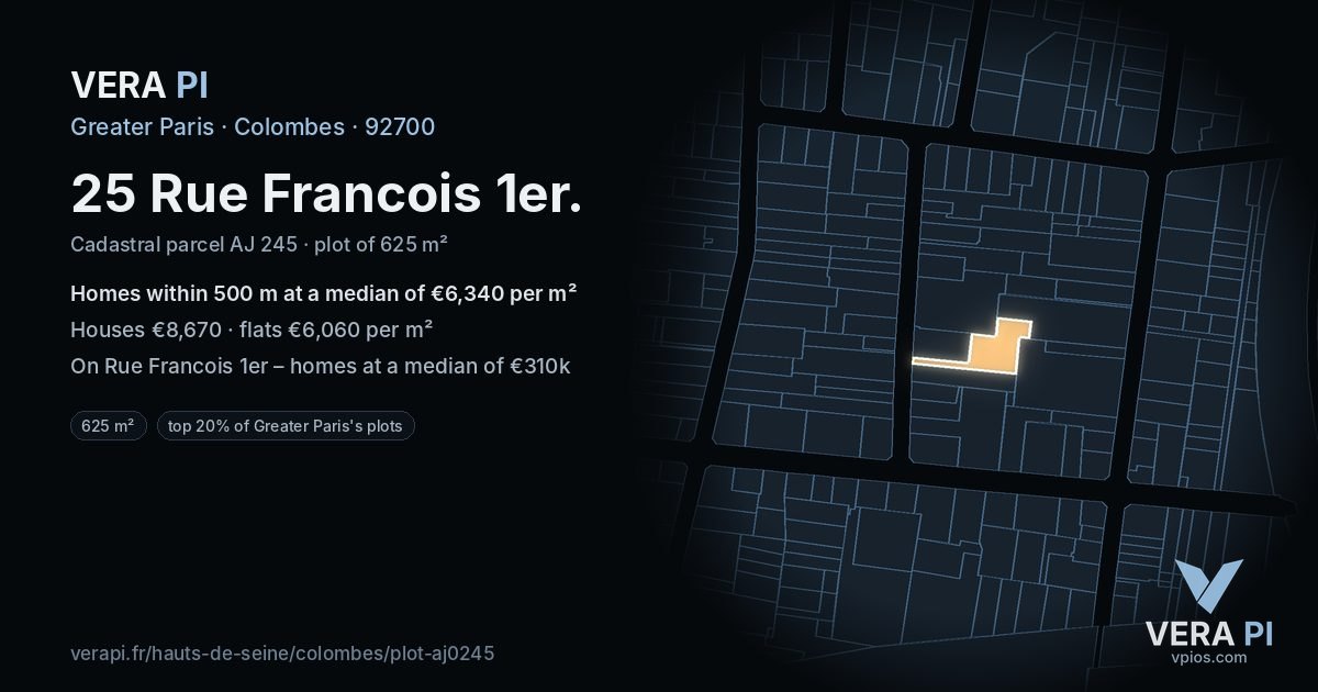 25 Rue Francois 1er, Colombes at night – the plot lit, the parcels around coloured by the prices near them