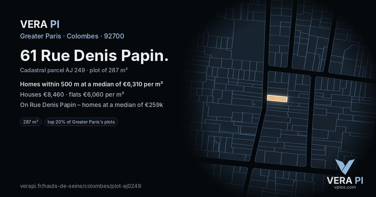 61 Rue Denis Papin, Colombes at night – the plot lit, the parcels around coloured by the prices near them