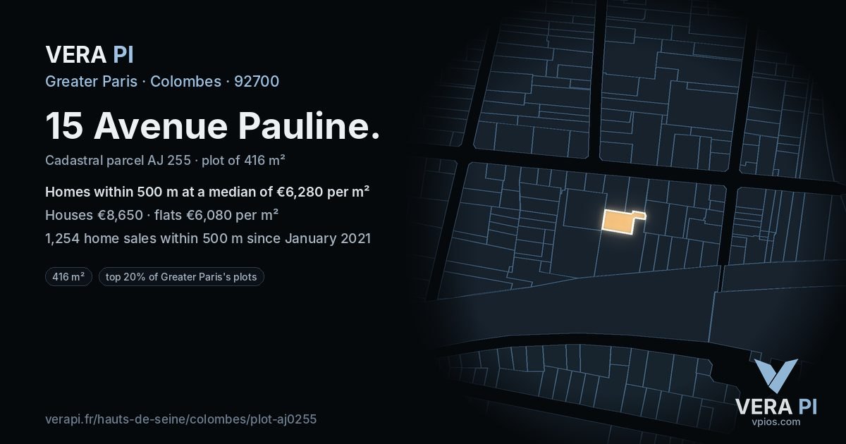 15 Avenue Pauline, Colombes at night – the plot lit, the parcels around coloured by the prices near them
