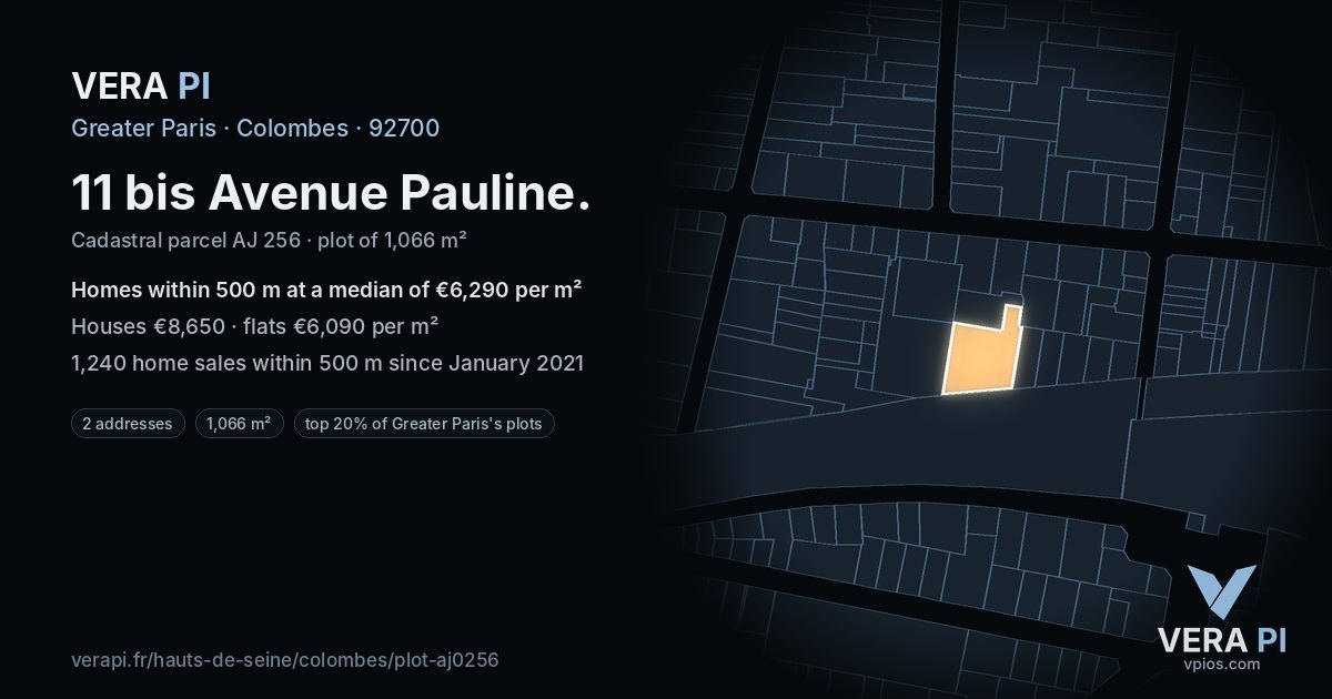 11 bis Avenue Pauline, Colombes at night – the plot lit, the parcels around coloured by the prices near them