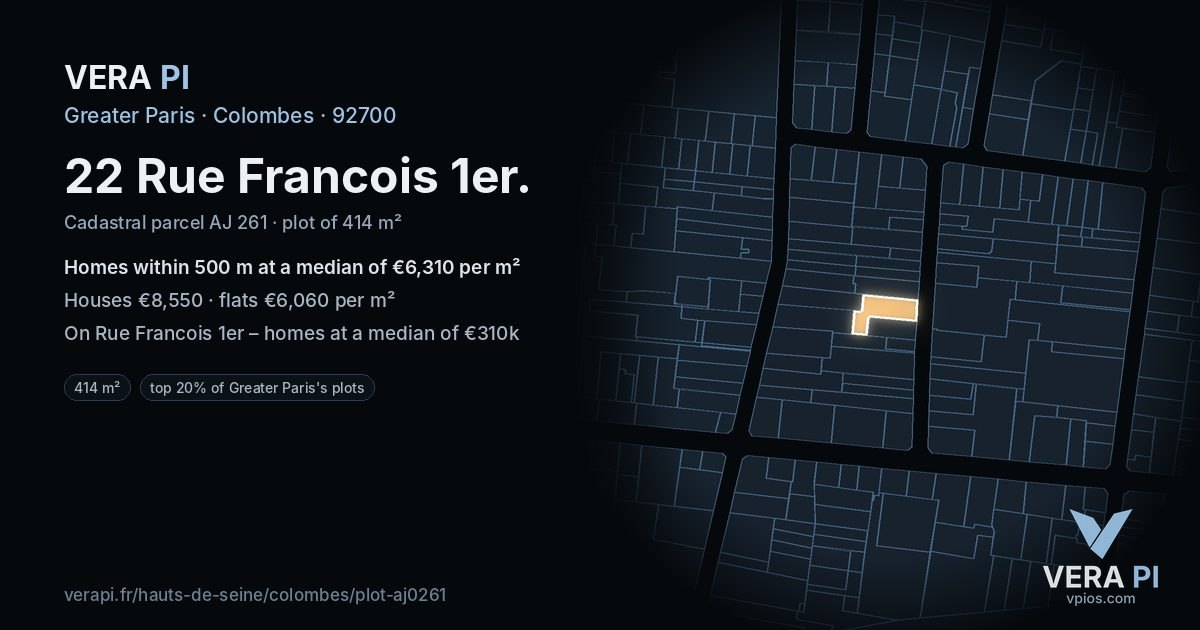 22 Rue Francois 1er, Colombes at night – the plot lit, the parcels around coloured by the prices near them