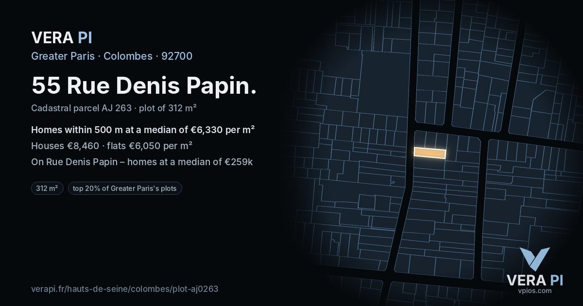 55 Rue Denis Papin, Colombes at night – the plot lit, the parcels around coloured by the prices near them