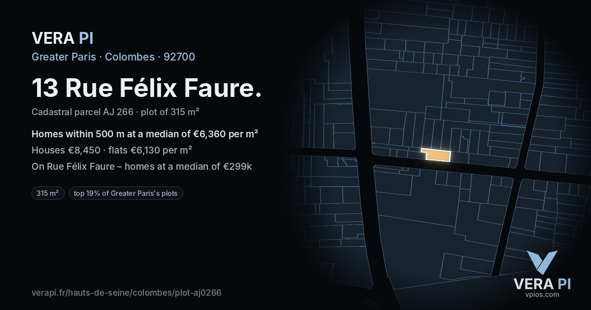 13 Rue Félix Faure, Colombes at night – the plot lit, the parcels around coloured by the prices near them