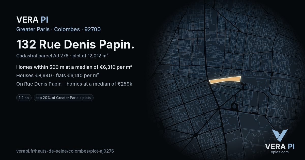 132 Rue Denis Papin, Colombes at night – the plot lit, the parcels around coloured by the prices near them