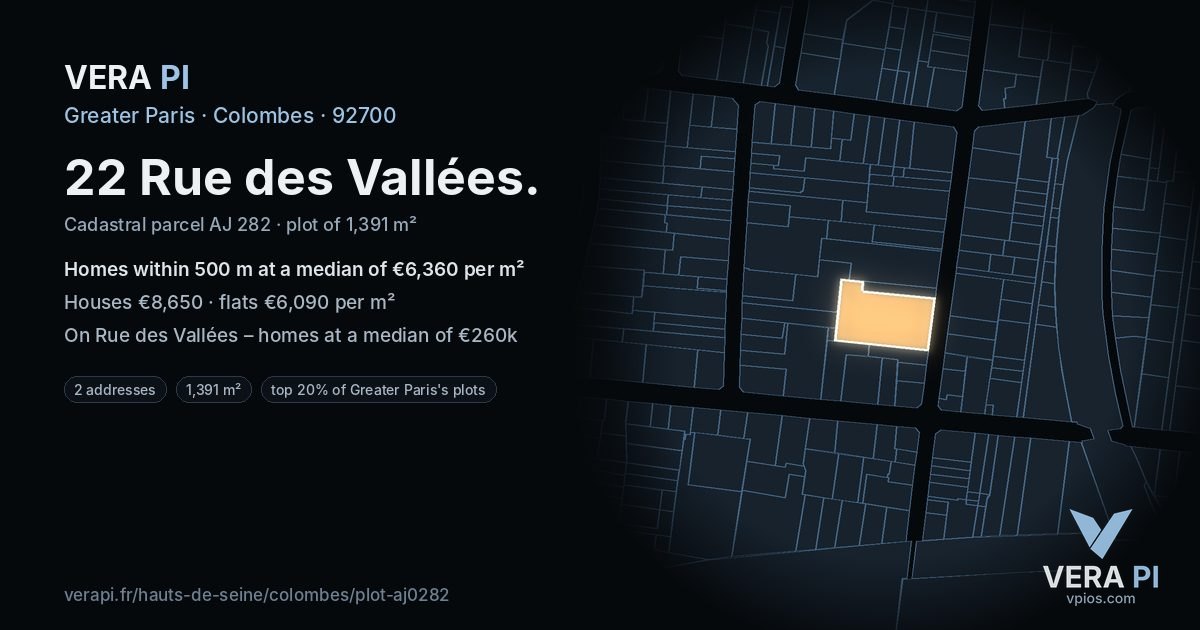 22 Rue des Vallées, Colombes at night – the plot lit, the parcels around coloured by the prices near them