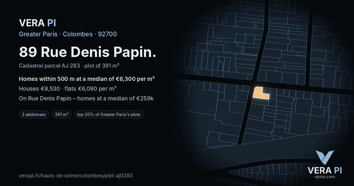 89 Rue Denis Papin, Colombes at night – the plot lit, the parcels around coloured by the prices near them