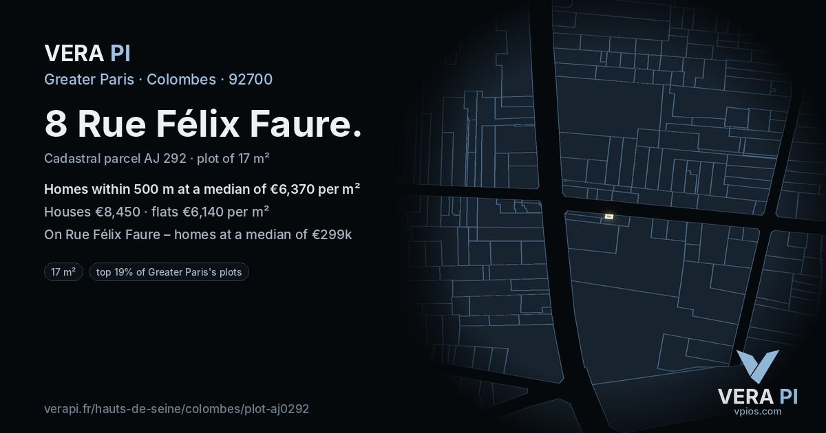 8 Rue Félix Faure, Colombes at night – the plot lit, the parcels around coloured by the prices near them