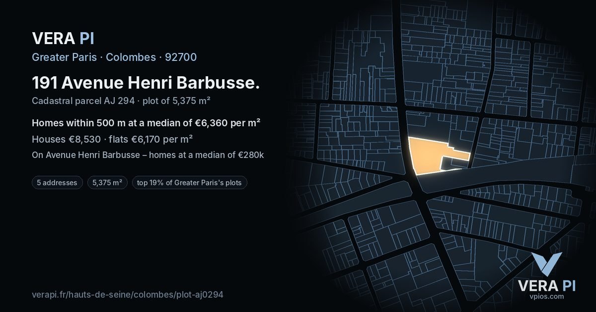 191 Avenue Henri Barbusse, Colombes at night – the plot lit, the parcels around coloured by the prices near them