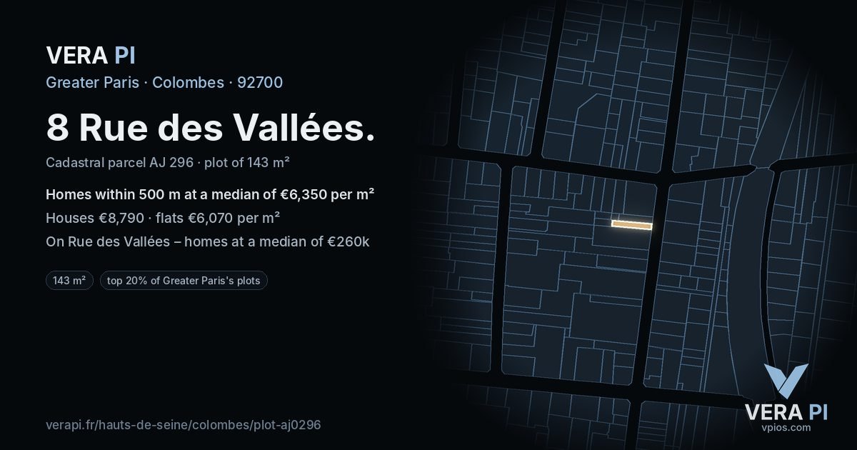 8 Rue des Vallées, Colombes at night – the plot lit, the parcels around coloured by the prices near them