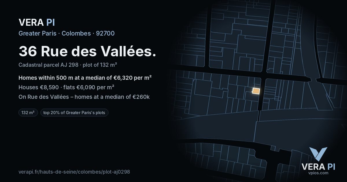 36 Rue des Vallées, Colombes at night – the plot lit, the parcels around coloured by the prices near them
