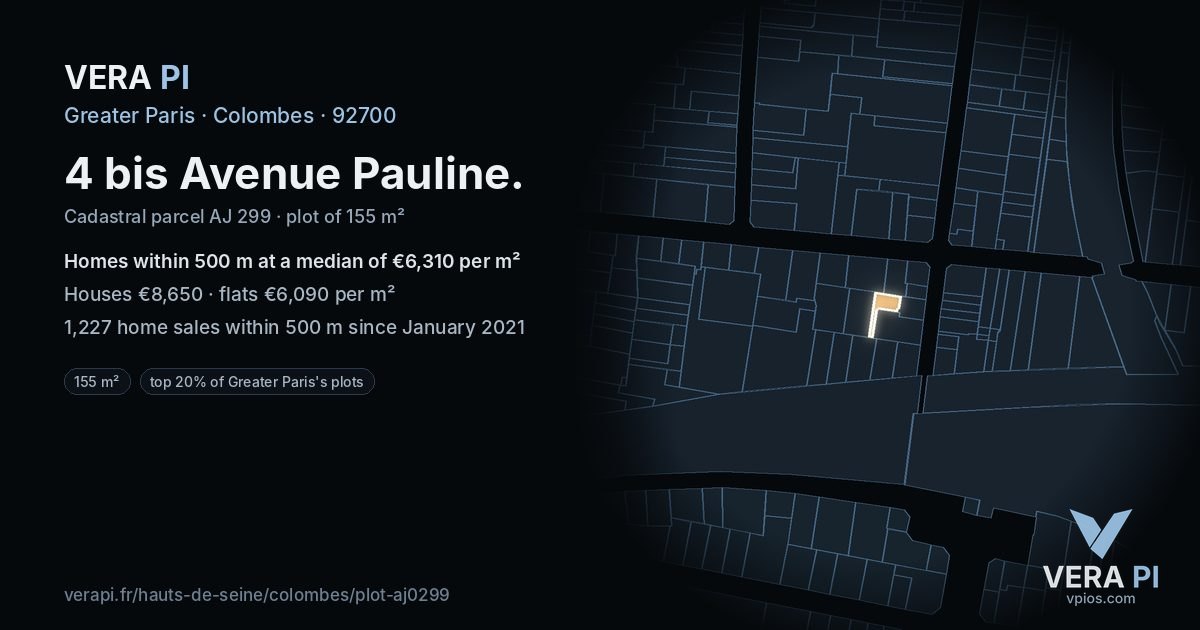 4 bis Avenue Pauline, Colombes at night – the plot lit, the parcels around coloured by the prices near them
