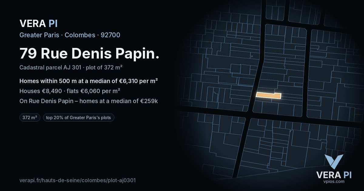 79 Rue Denis Papin, Colombes at night – the plot lit, the parcels around coloured by the prices near them