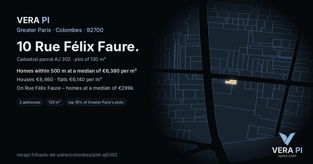 10 Rue Félix Faure, Colombes at night – the plot lit, the parcels around coloured by the prices near them