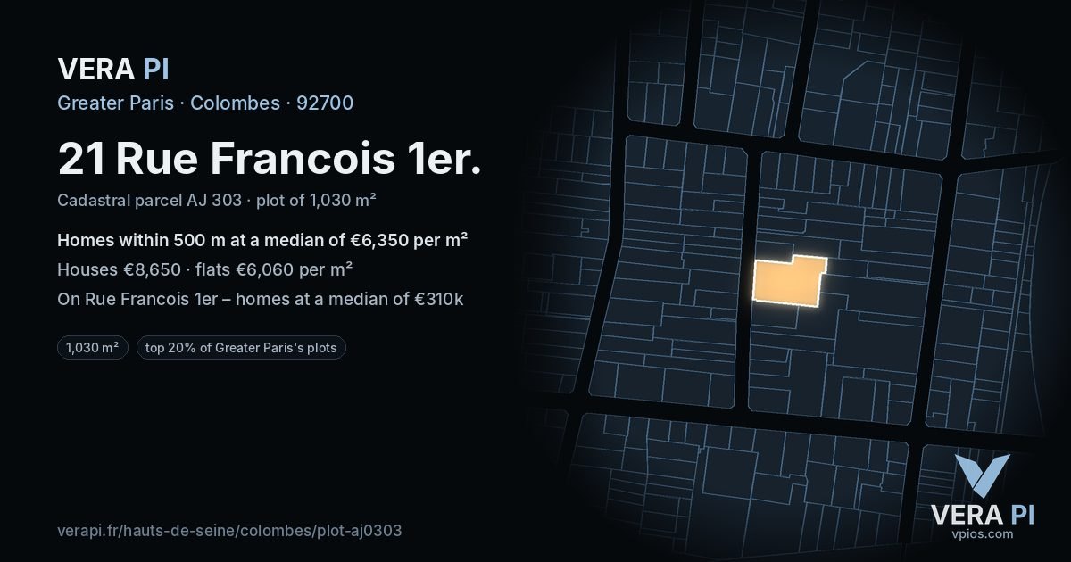 21 Rue Francois 1er, Colombes at night – the plot lit, the parcels around coloured by the prices near them