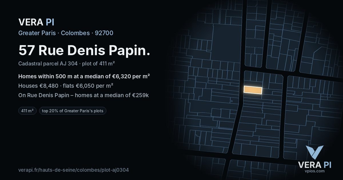 57 Rue Denis Papin, Colombes at night – the plot lit, the parcels around coloured by the prices near them