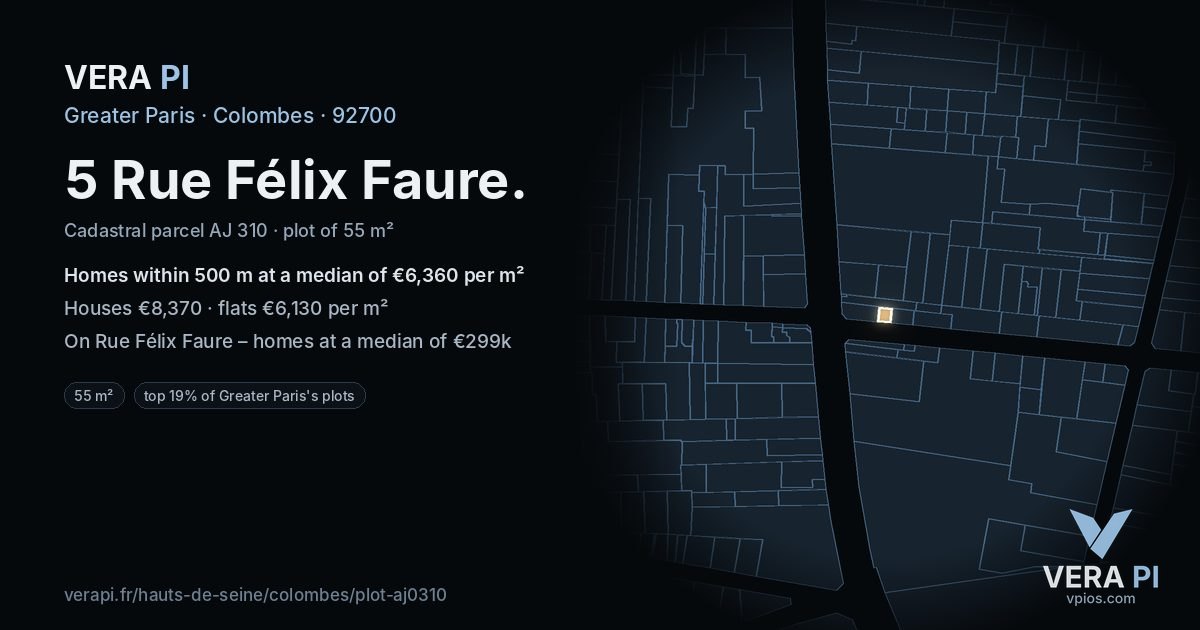 5 Rue Félix Faure, Colombes at night – the plot lit, the parcels around coloured by the prices near them