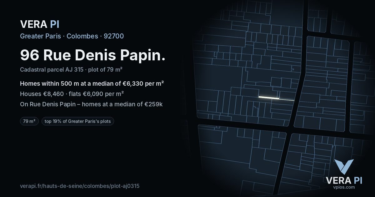 96 Rue Denis Papin, Colombes at night – the plot lit, the parcels around coloured by the prices near them