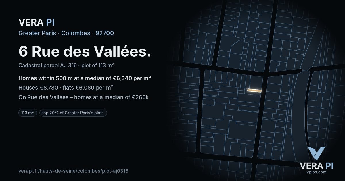 6 Rue des Vallées, Colombes at night – the plot lit, the parcels around coloured by the prices near them