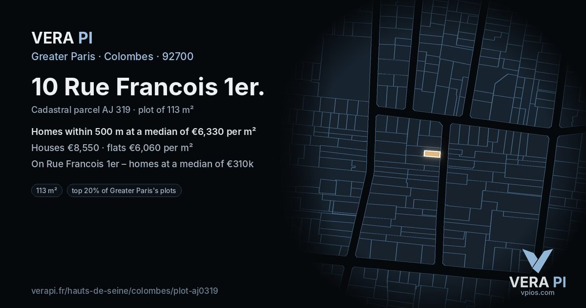 10 Rue Francois 1er, Colombes at night – the plot lit, the parcels around coloured by the prices near them