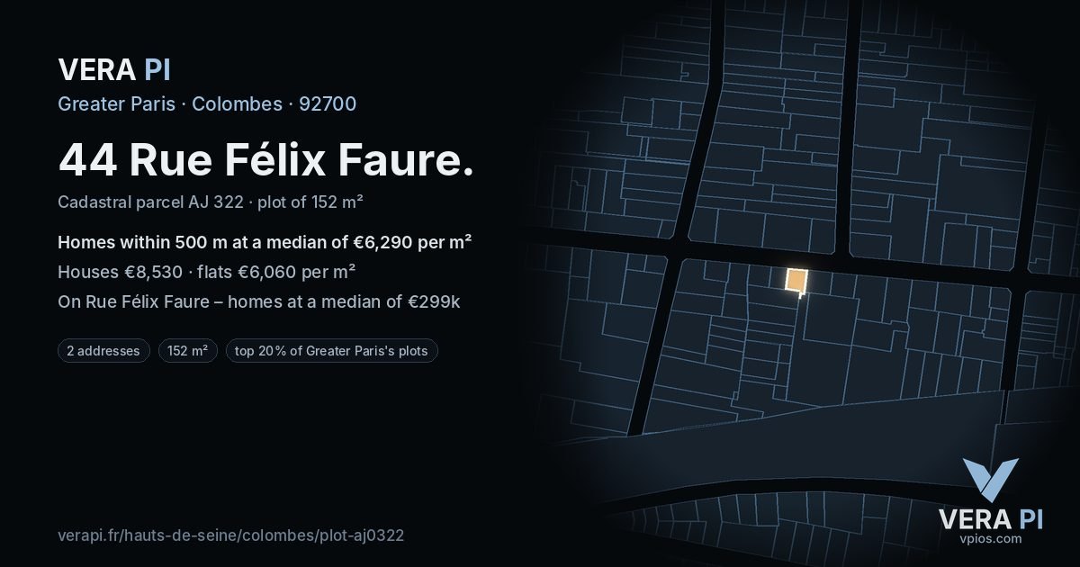 44 Rue Félix Faure, Colombes at night – the plot lit, the parcels around coloured by the prices near them