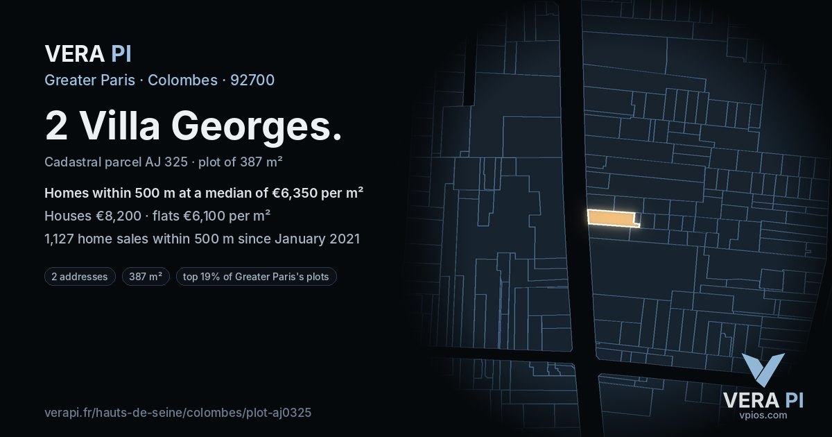 2 Villa Georges, Colombes at night – the plot lit, the parcels around coloured by the prices near them